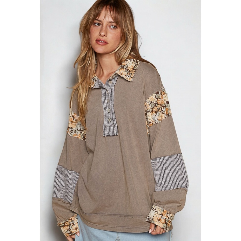 POL Gray Balloon Sleeve Polo Top | Oversized Half Button Floral Contrast Shirt - Picture 6 of 7